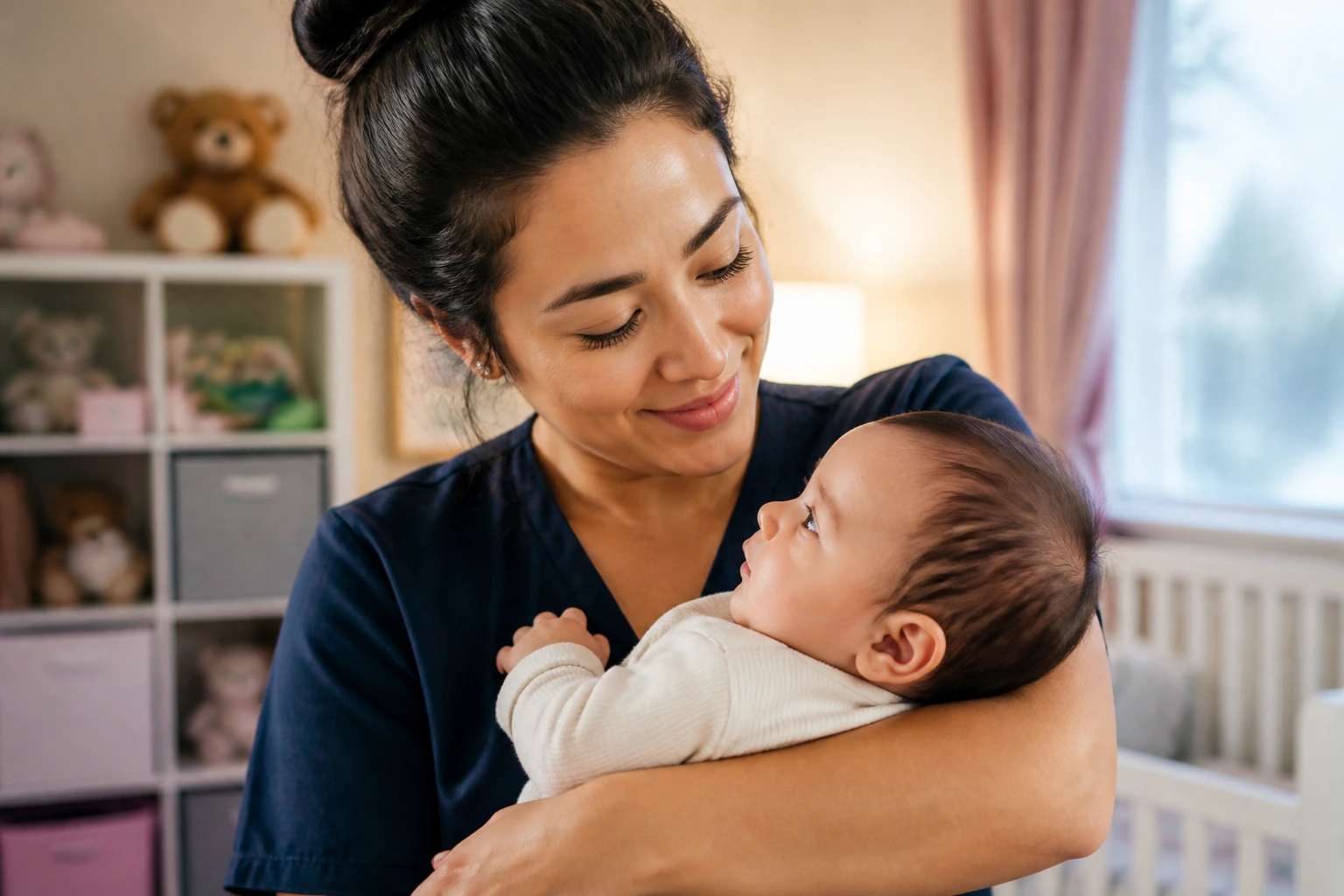 Caregiver demonstrating infant care with a baby in a nursery