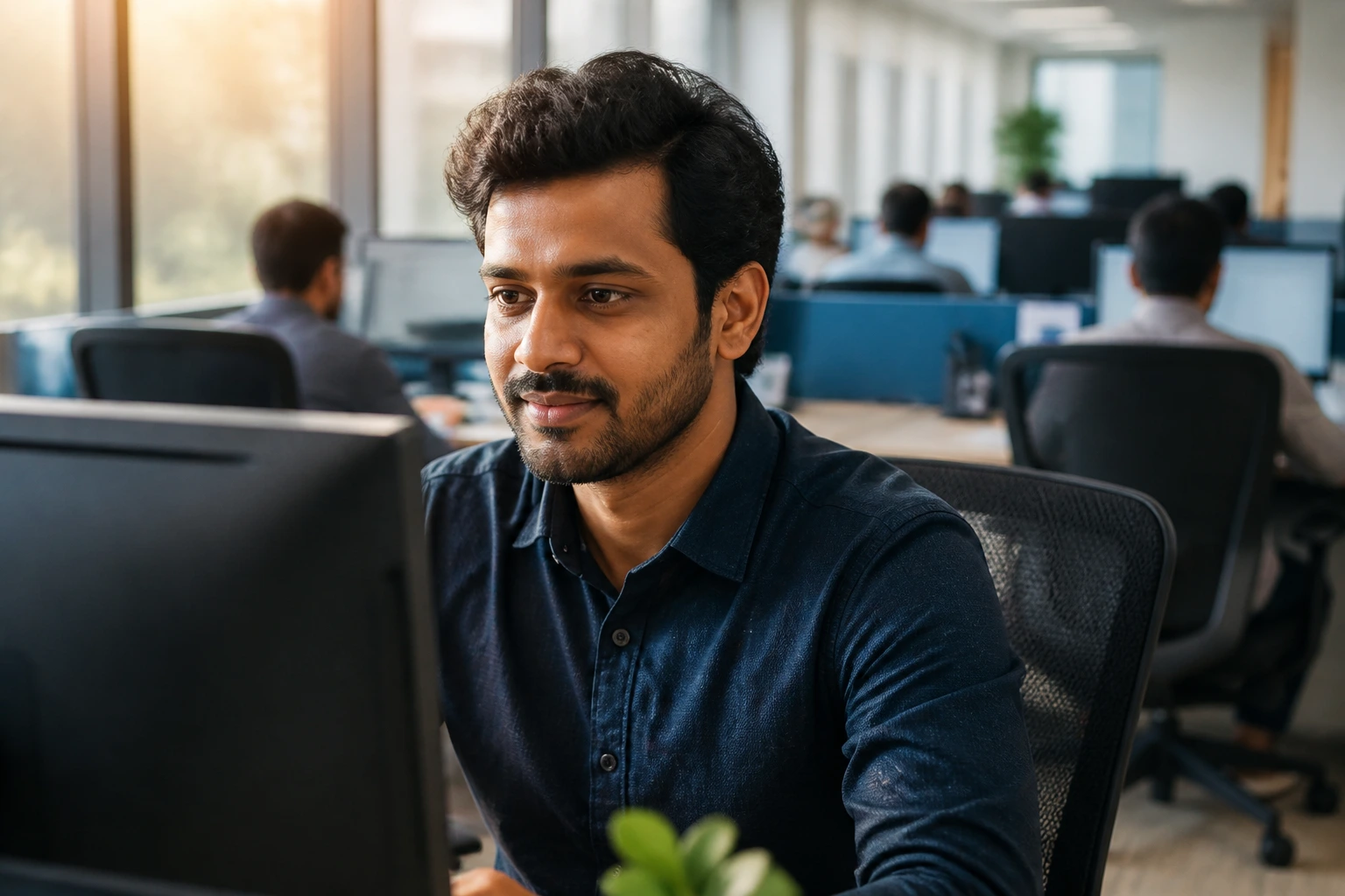 Portrait of a real IT professional in a modern Infosys-style office