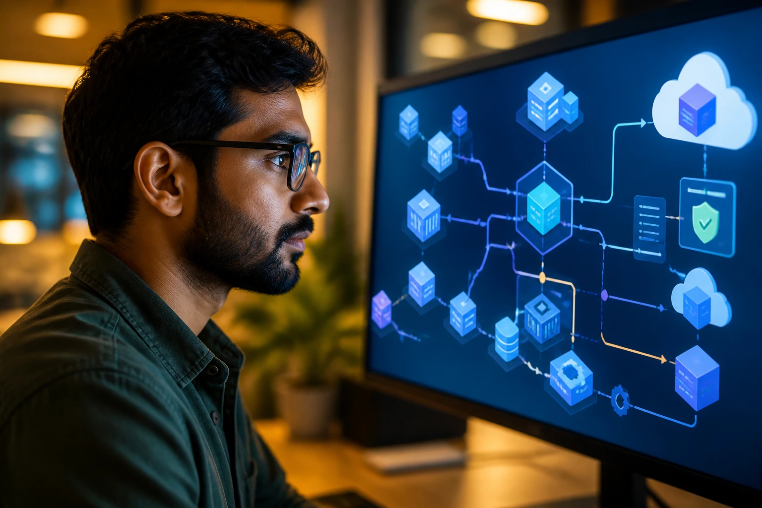 Engineer focusing on IaC workflow diagrams in a modern office
