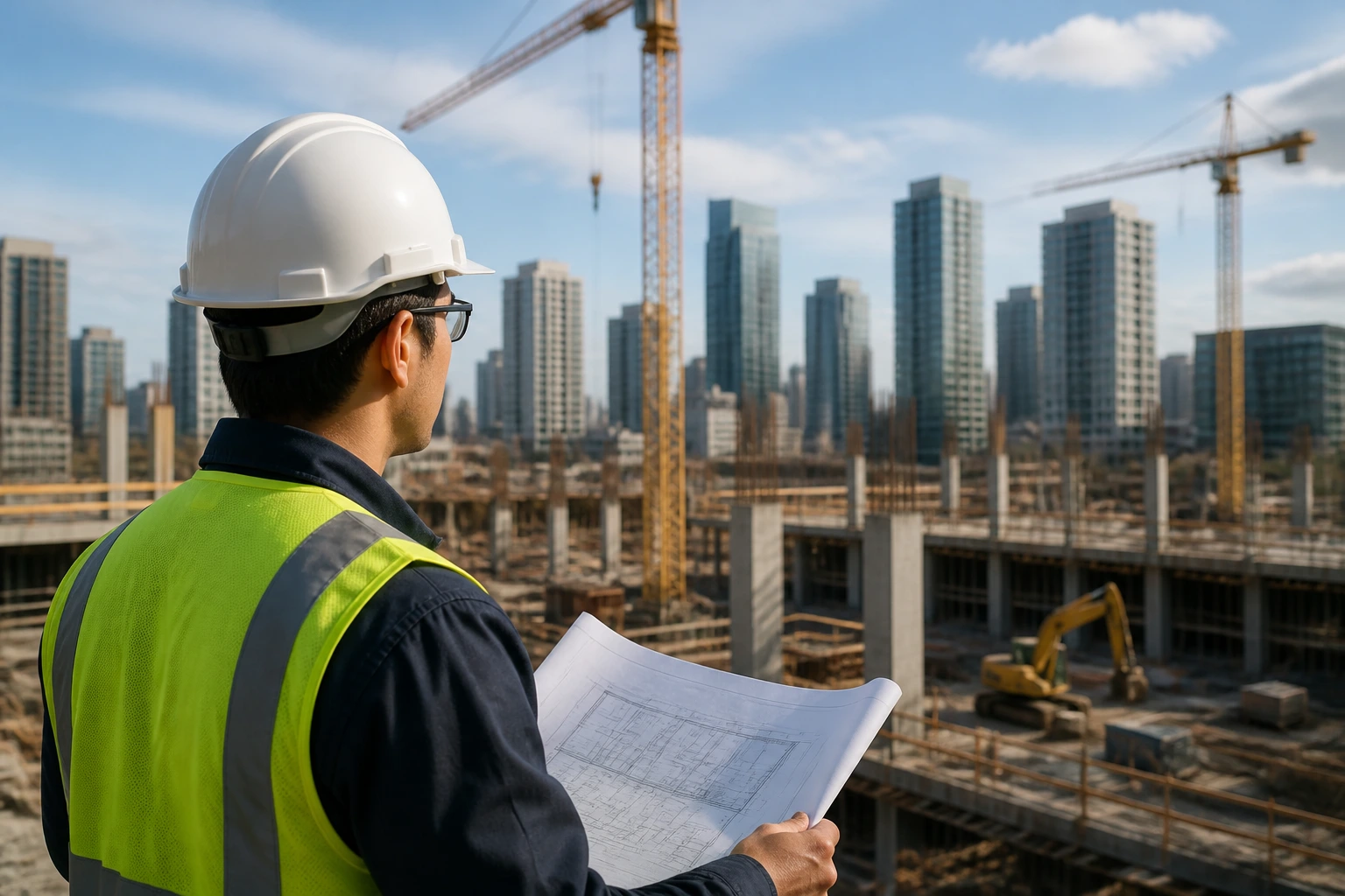 Engineer on construction site with cranes and city skyline in background