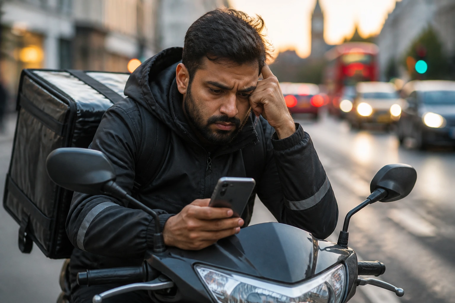 Rider looking concerned beside scooter on urban street at dusk