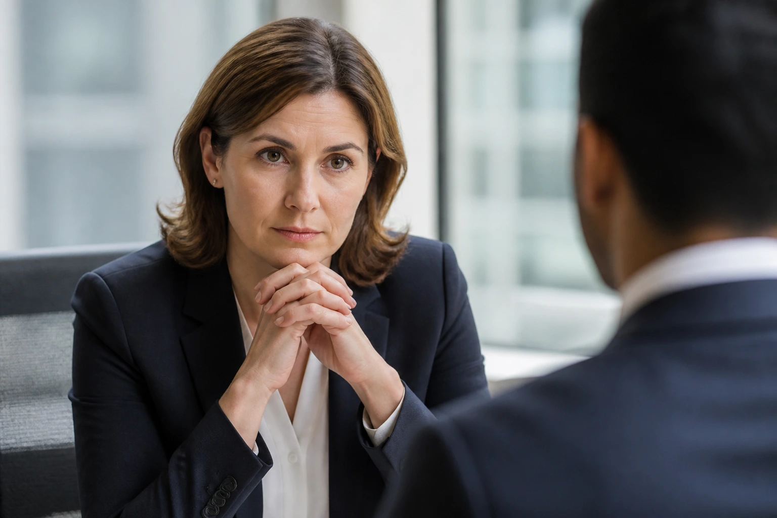 Close-up portrait of a professional adult in business attire, illustrating expectations for international applicants.
