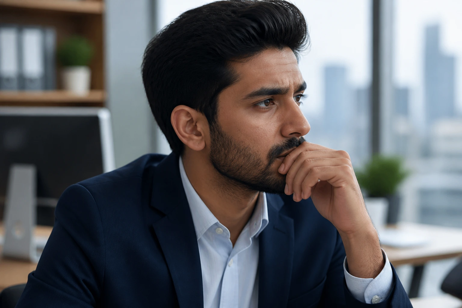 Close-up of an international applicant showing concern in an office setting