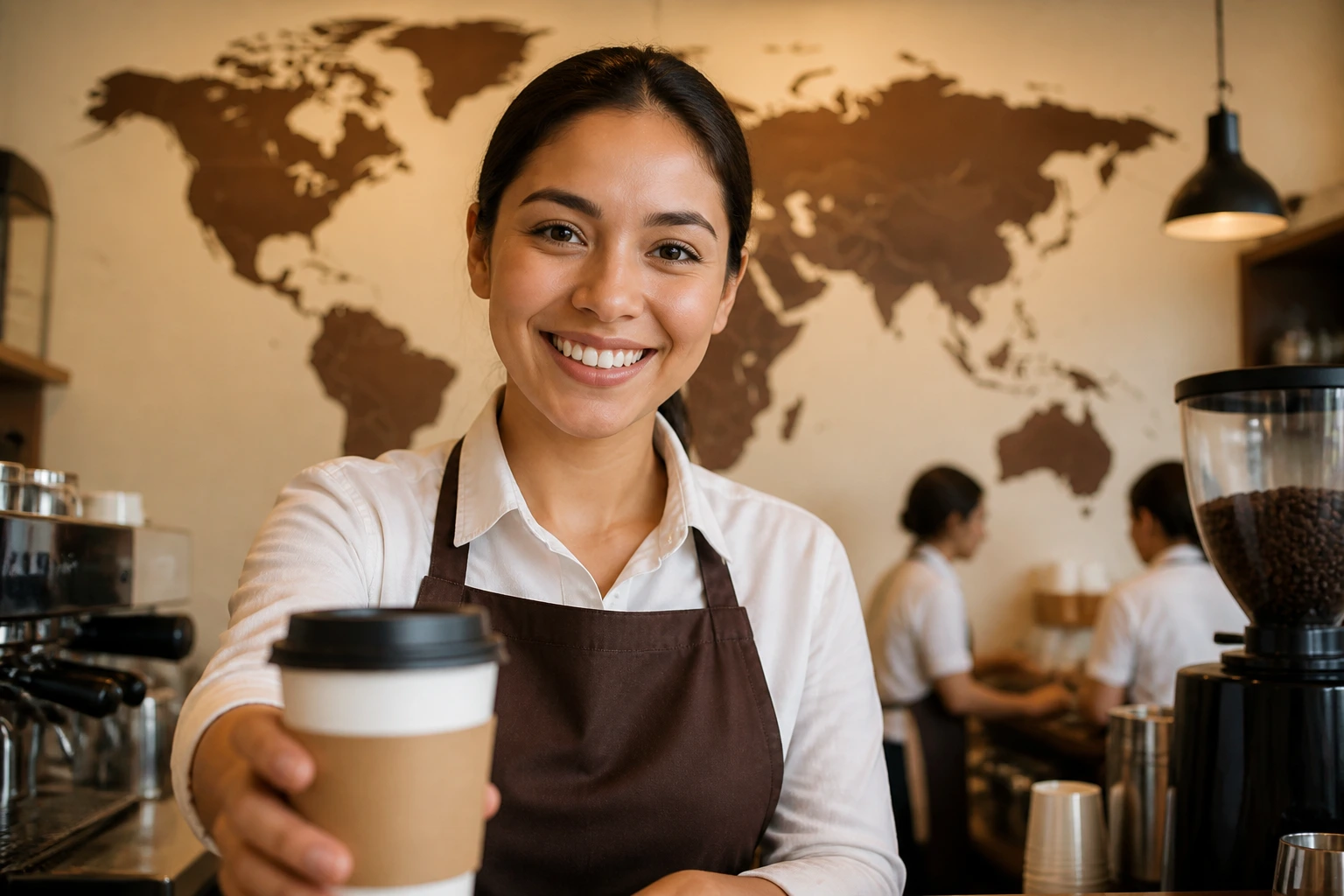 Portrait of a smiling barista in a clean uniform behind a cafe counter with a world map motif