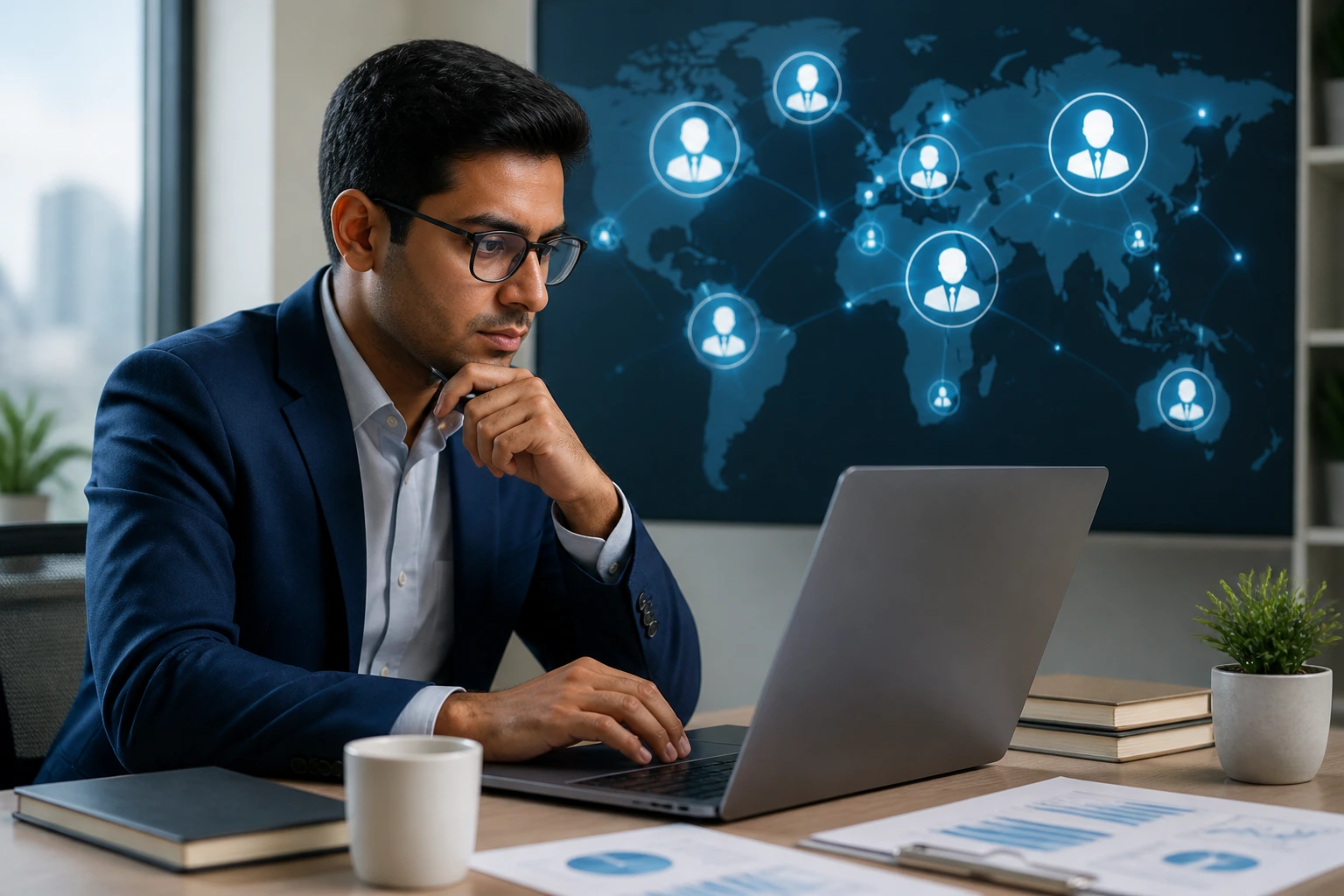 International candidate planning targeted outreach at a desk with laptop