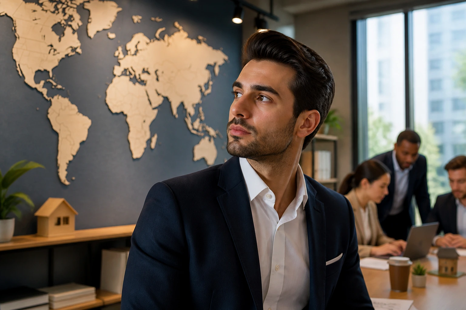 Portrait of a real estate agent in an office with a world map backdrop