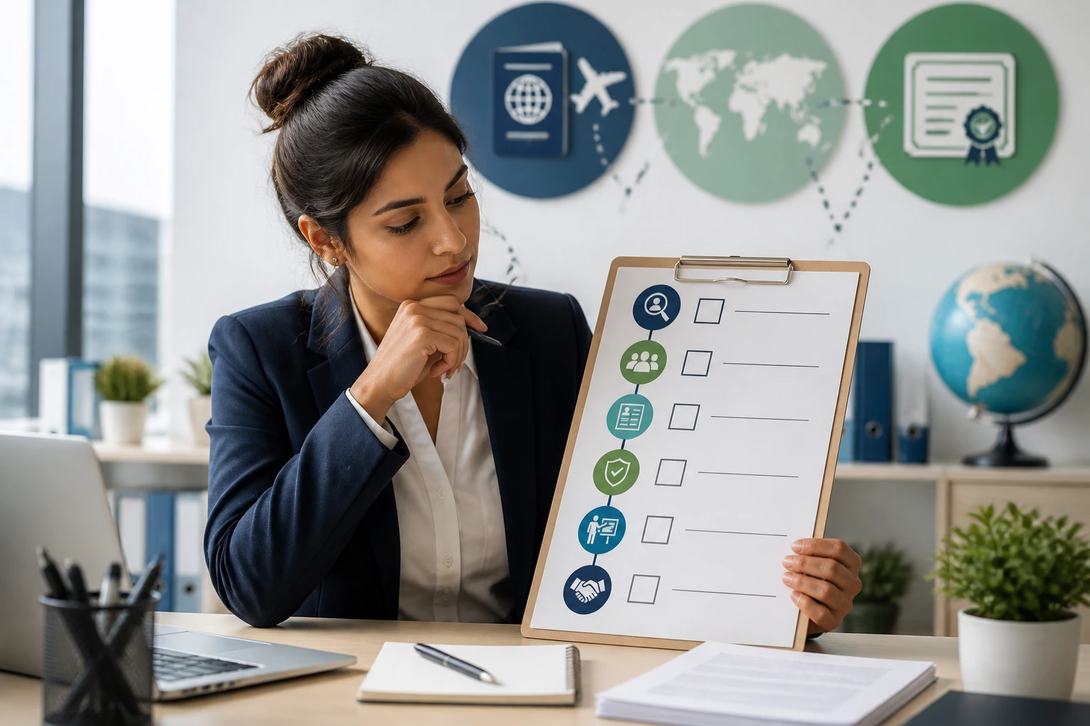 Candidate planning a visa and licensing path with a checklist in a real office