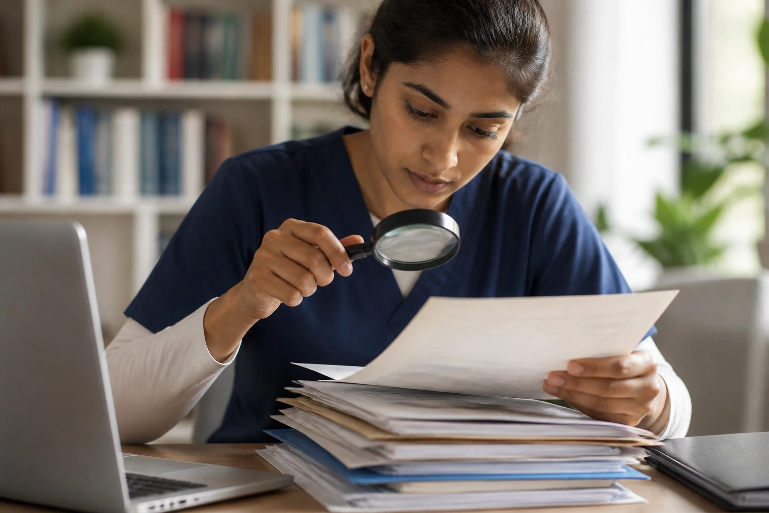 Person examining credentials with a magnifying glass in quiet study space
