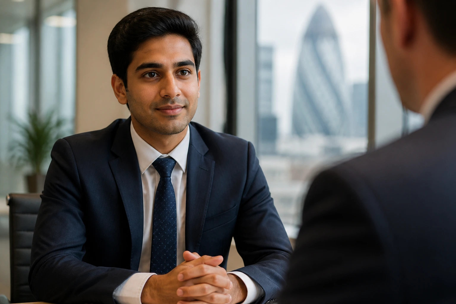 Medium close-up international applicant in UK interview setting.