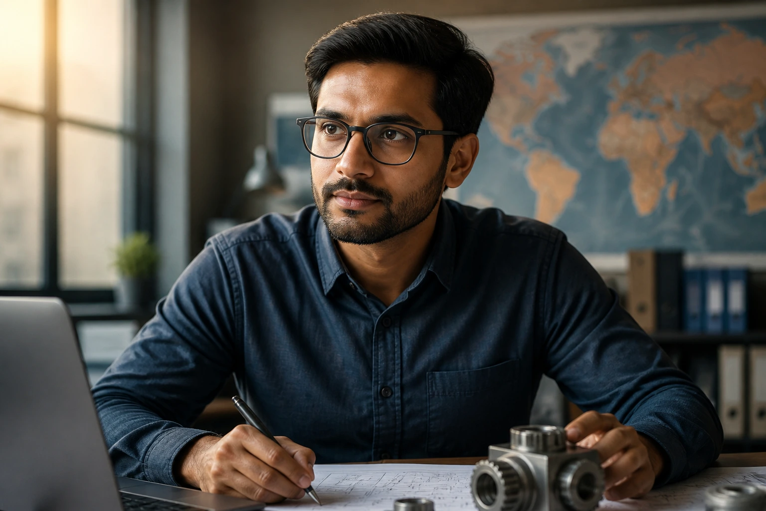 Portrait of an international mechanical engineer in an office with global context