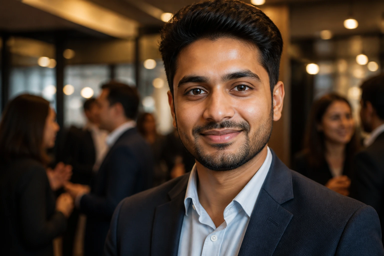 Portrait of an international candidate networking in a professional lounge area.