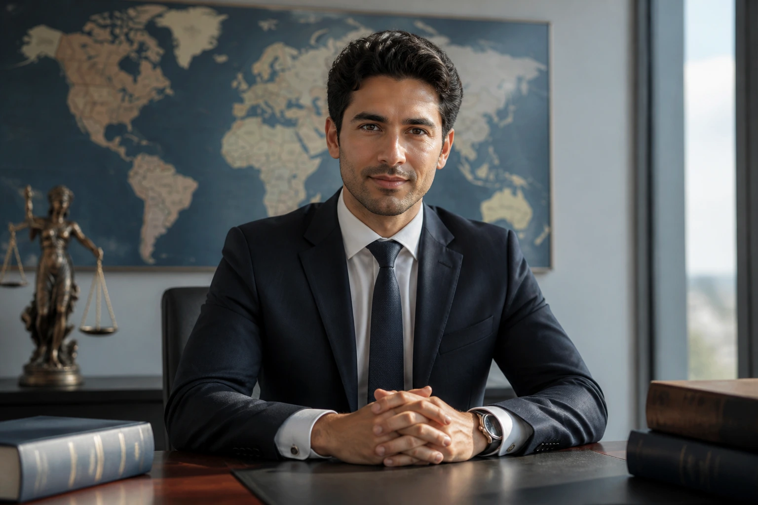 Lawyer portrait with world map background, highlighting international practice areas.
