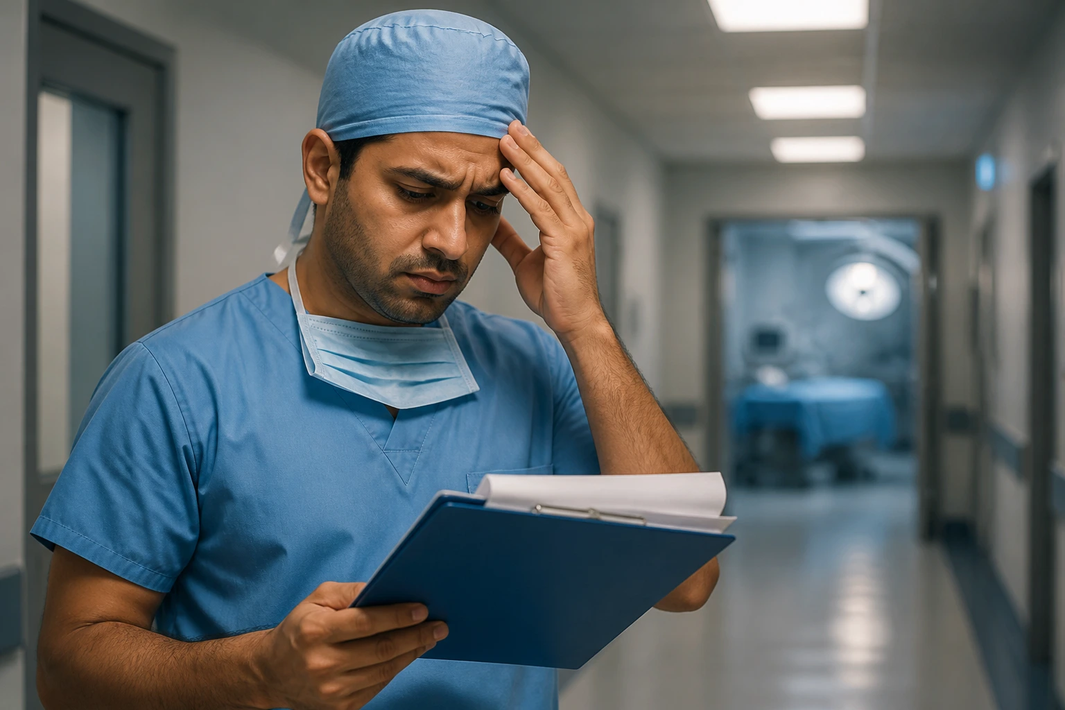 International surgeon in a hospital corridor considering blank application forms