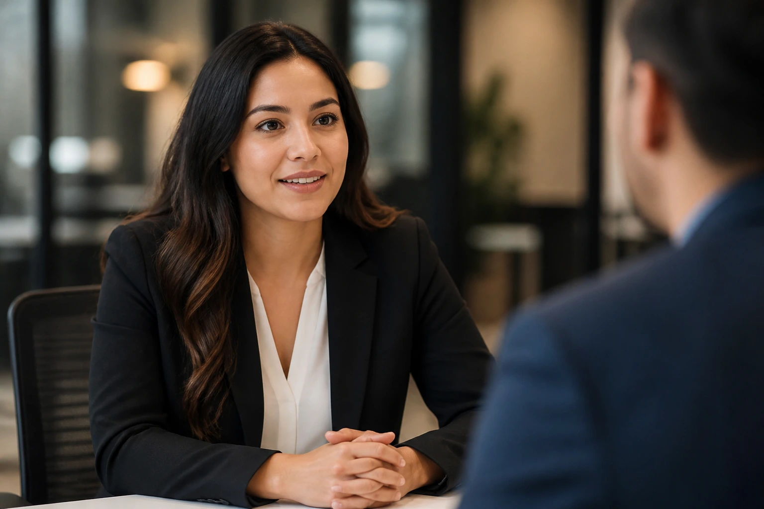 Bilingual call center candidate in interview setting.