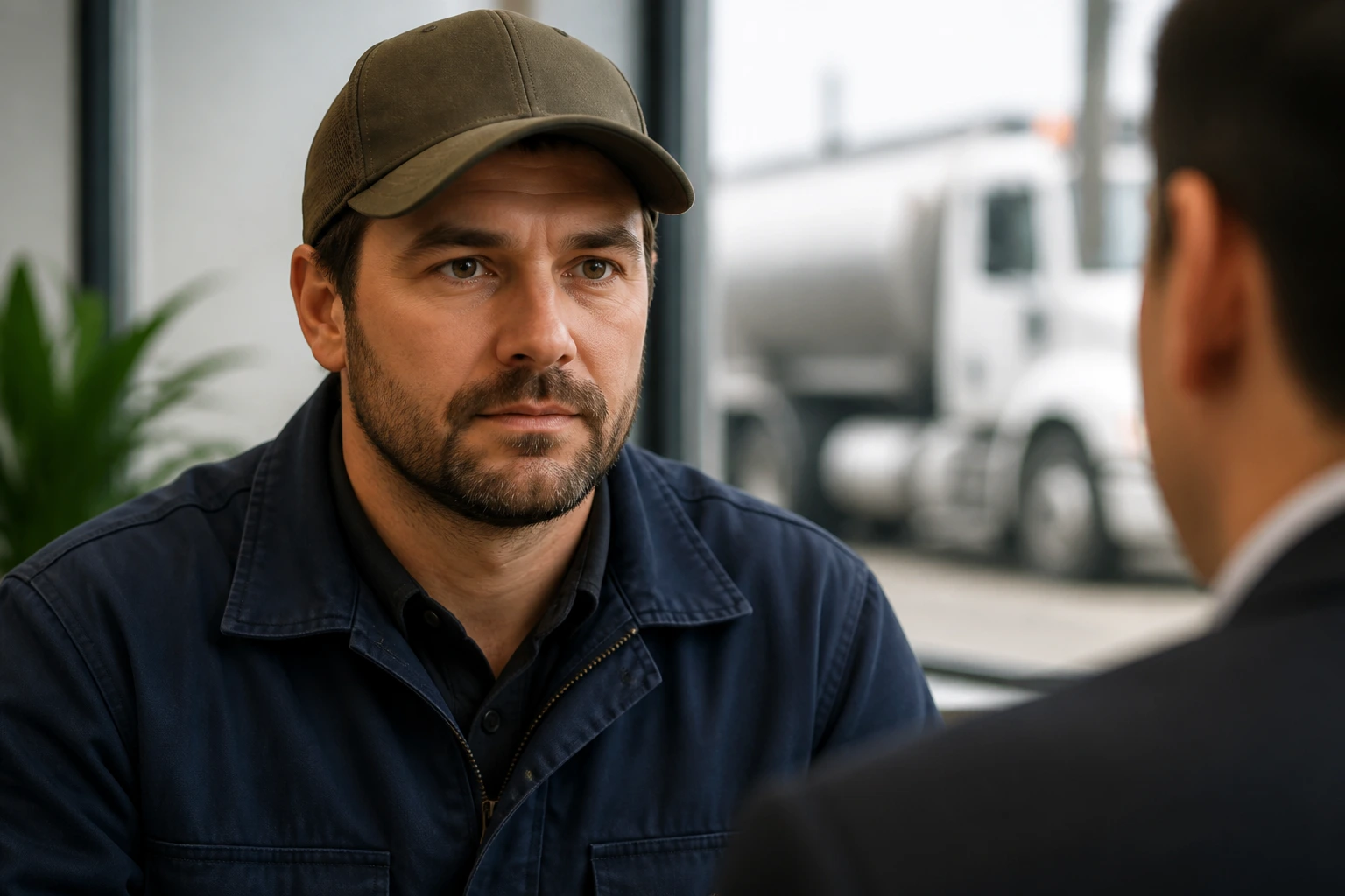 Close-up portrait of a truck driver candidate during an interview, head-and-shoulders.