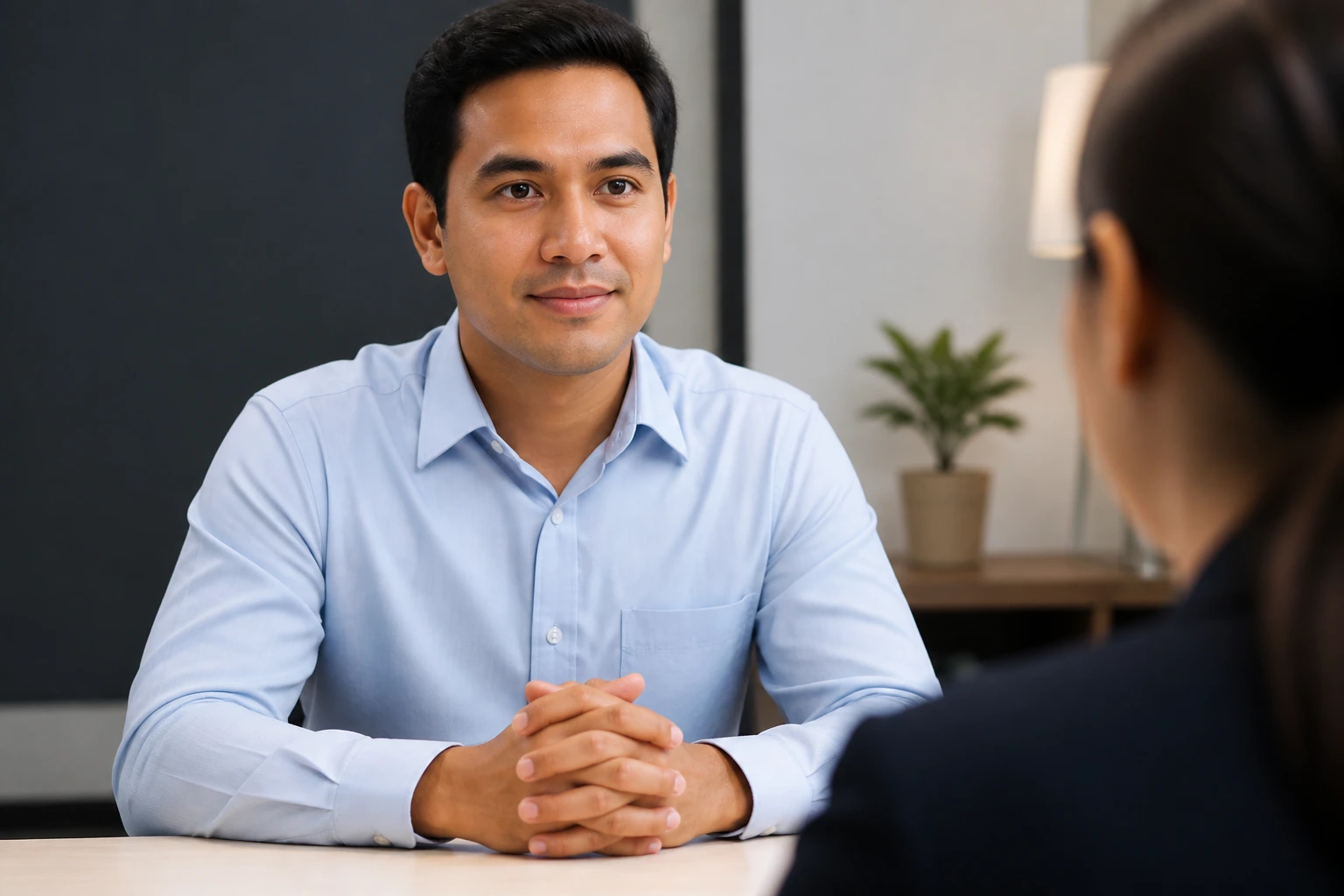 Person in a calm interview-ready pose in a neat room