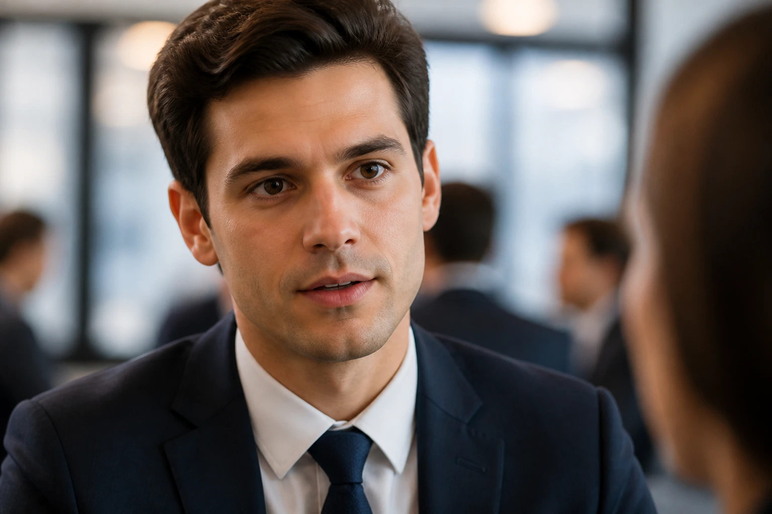 Close-up portrait of candidate in interview setting with thoughtful expression