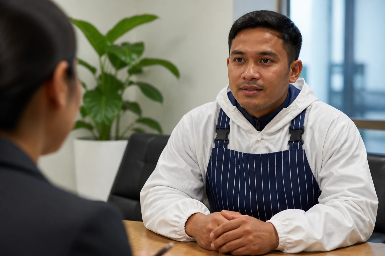 Candidate in an interview room for meat plant roles with pre-employment checks process