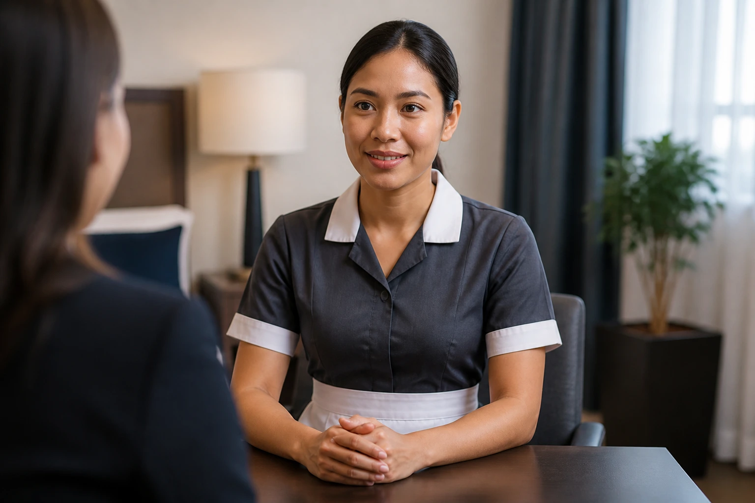 Portrait of a cleaner candidate in interview setting with calm expression.