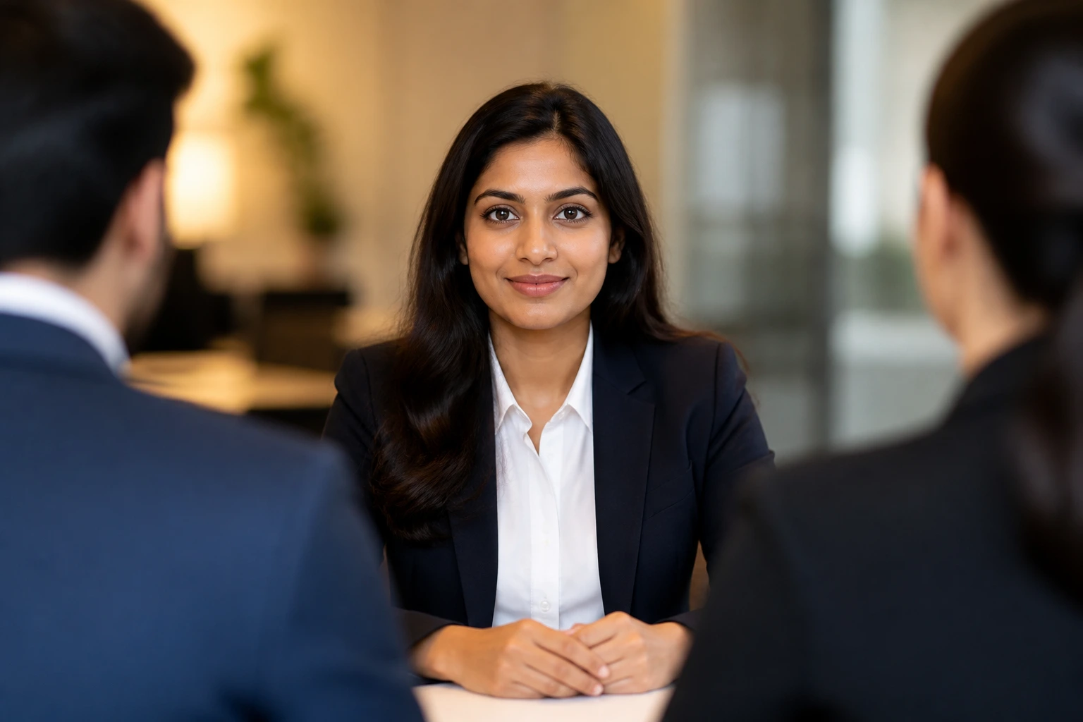 Candidate in a formal interview setting, demonstrating poise and competence.