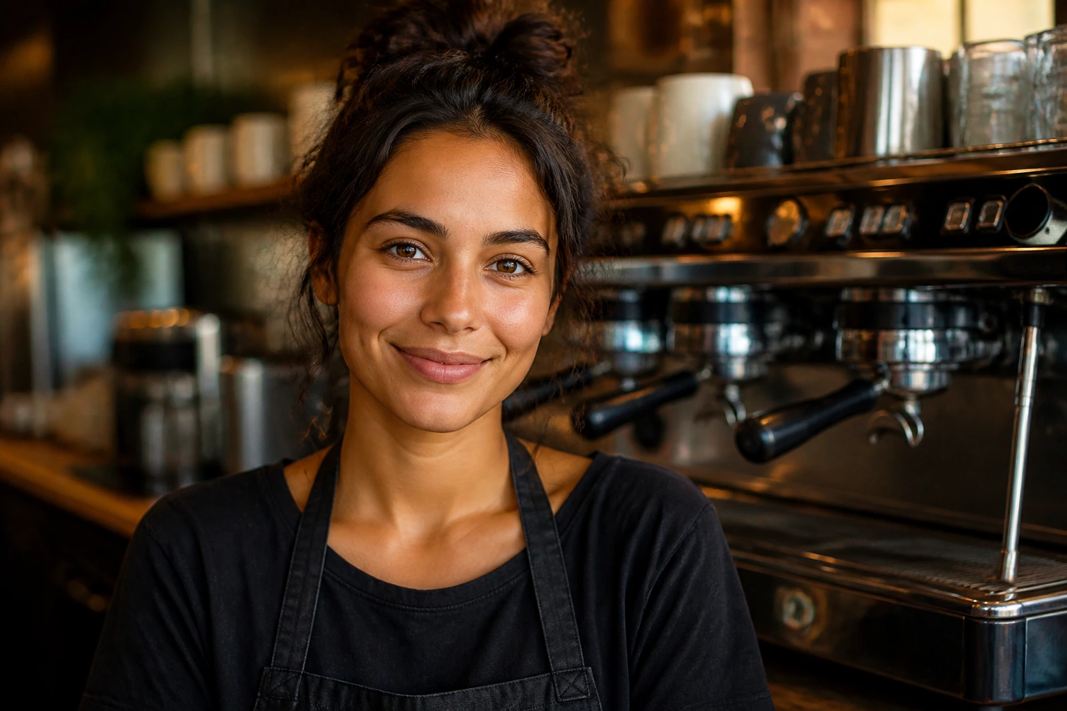 Portrait of a real barista with an espresso machine in the background