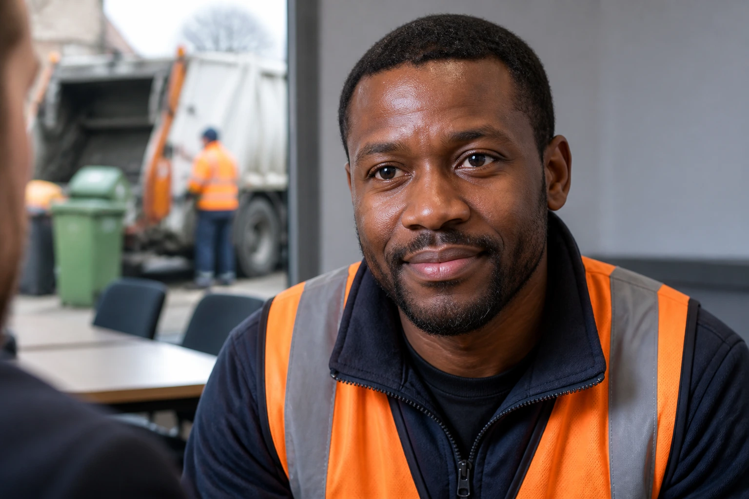Close-up portrait of a candidate during a waste interview in an industrial setting