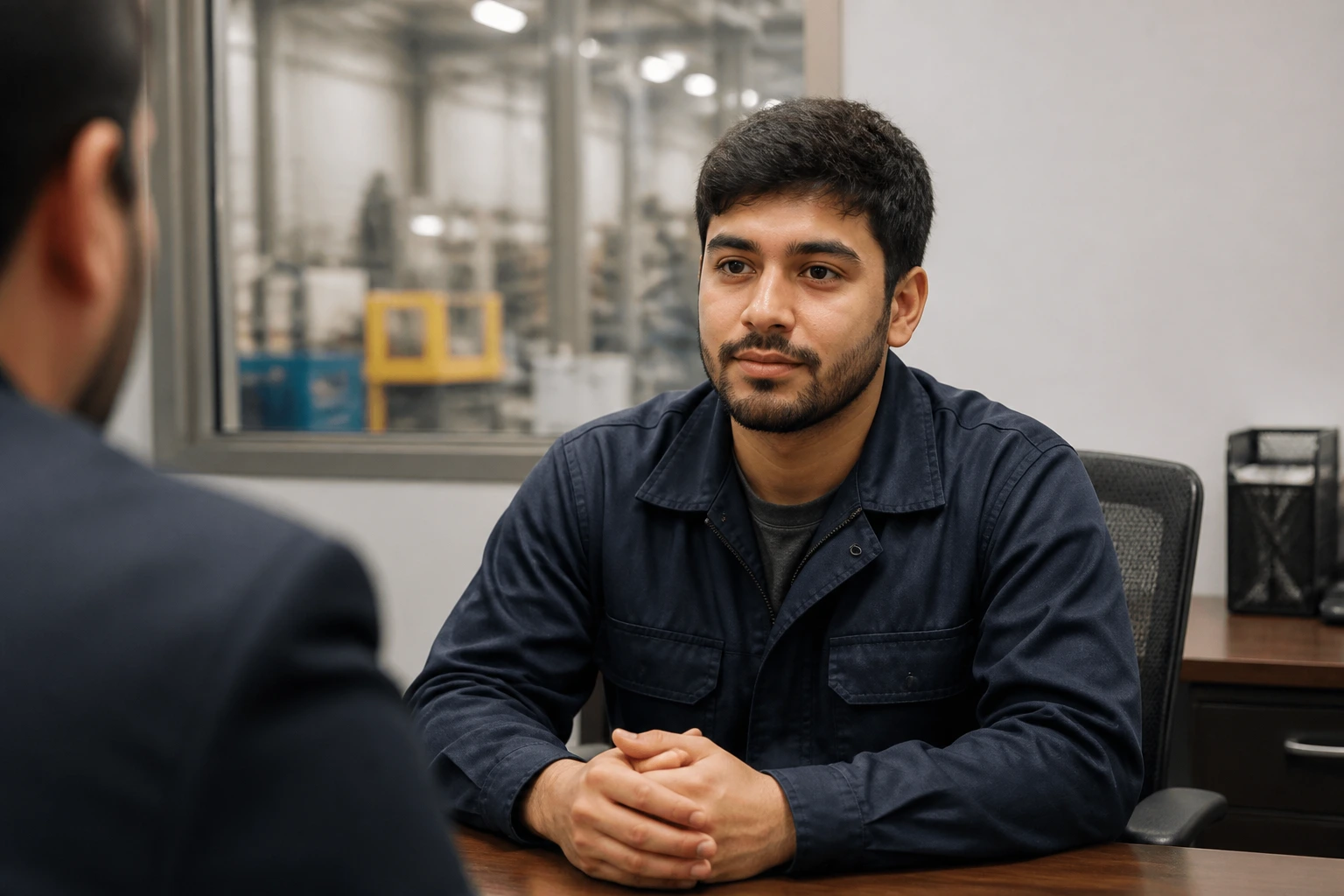 Real candidate in a factory interview setting in Canada.