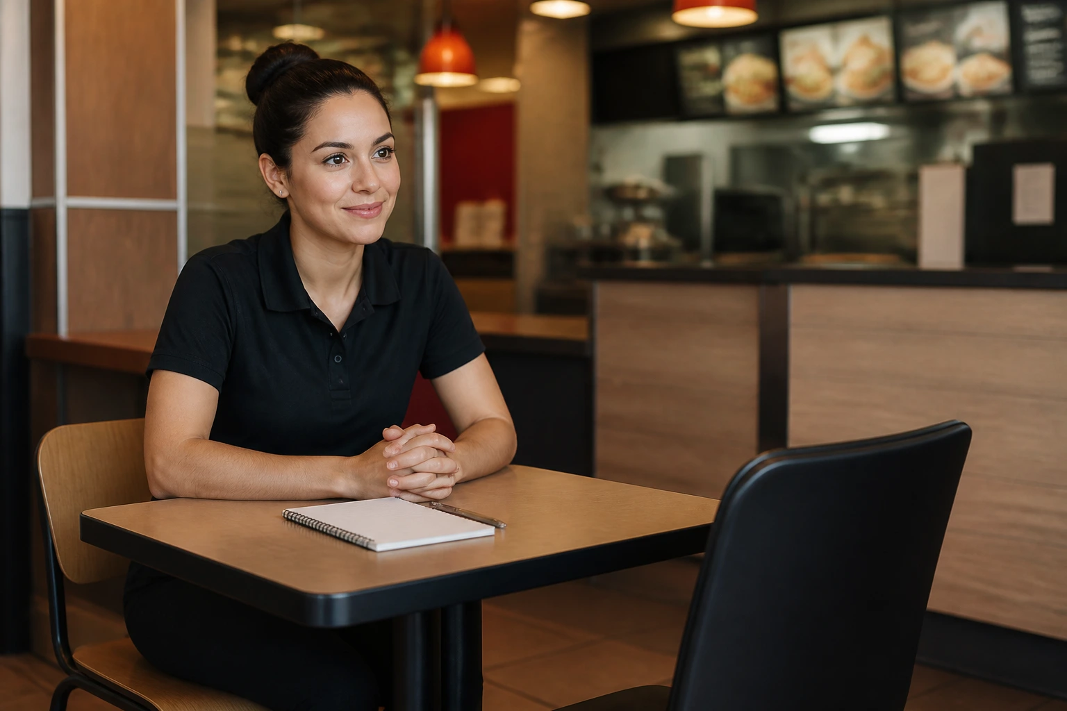 Person in an interview setting with a blank notepad on the table