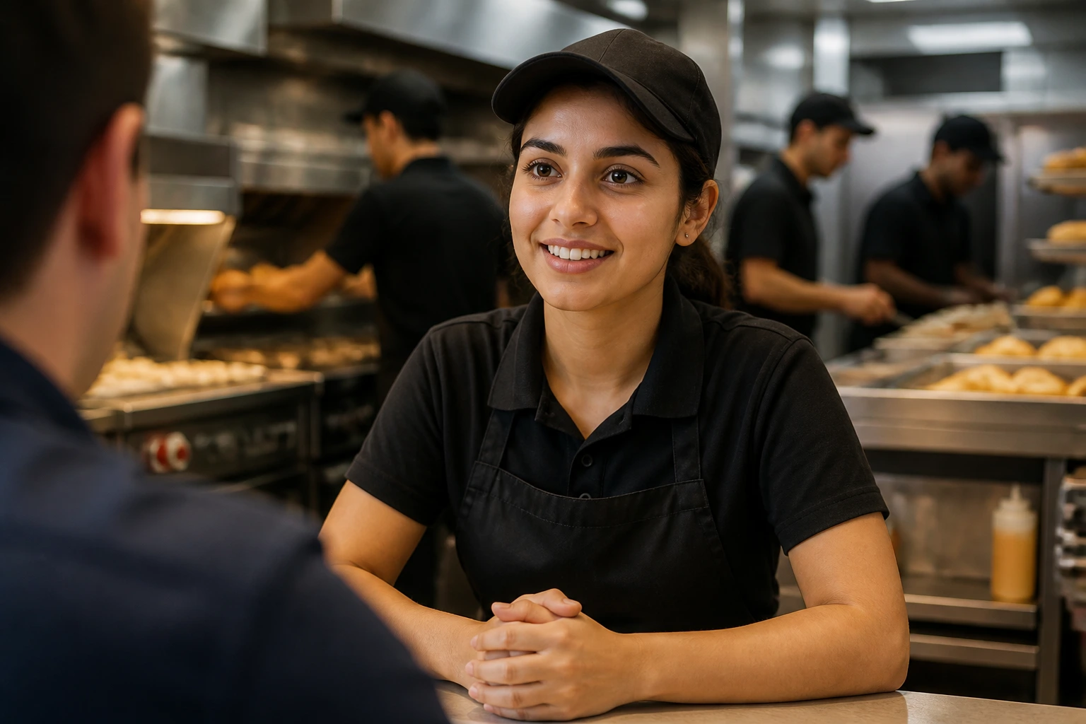 Real person during a fast-food interview with busy kitchen in background