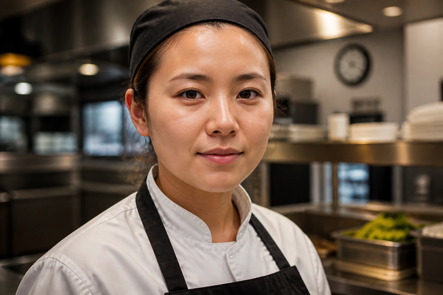Portrait of a kitchen worker focused during interview scenario