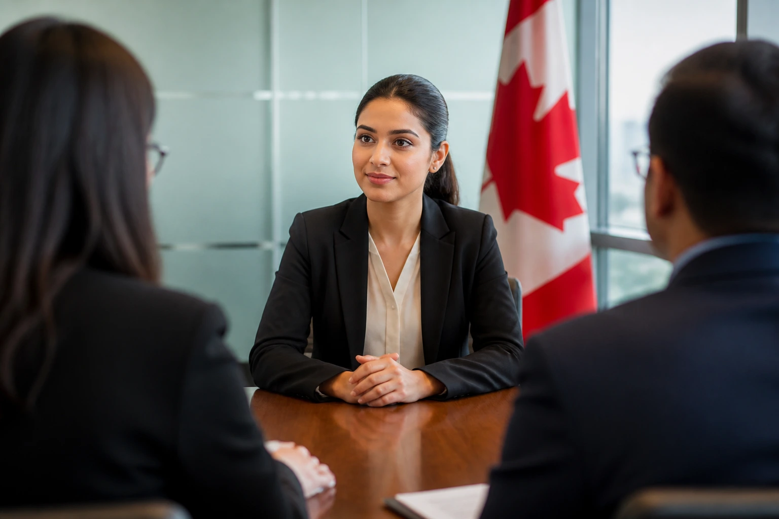 Candidate in front desk interview demonstrating judgment and composure