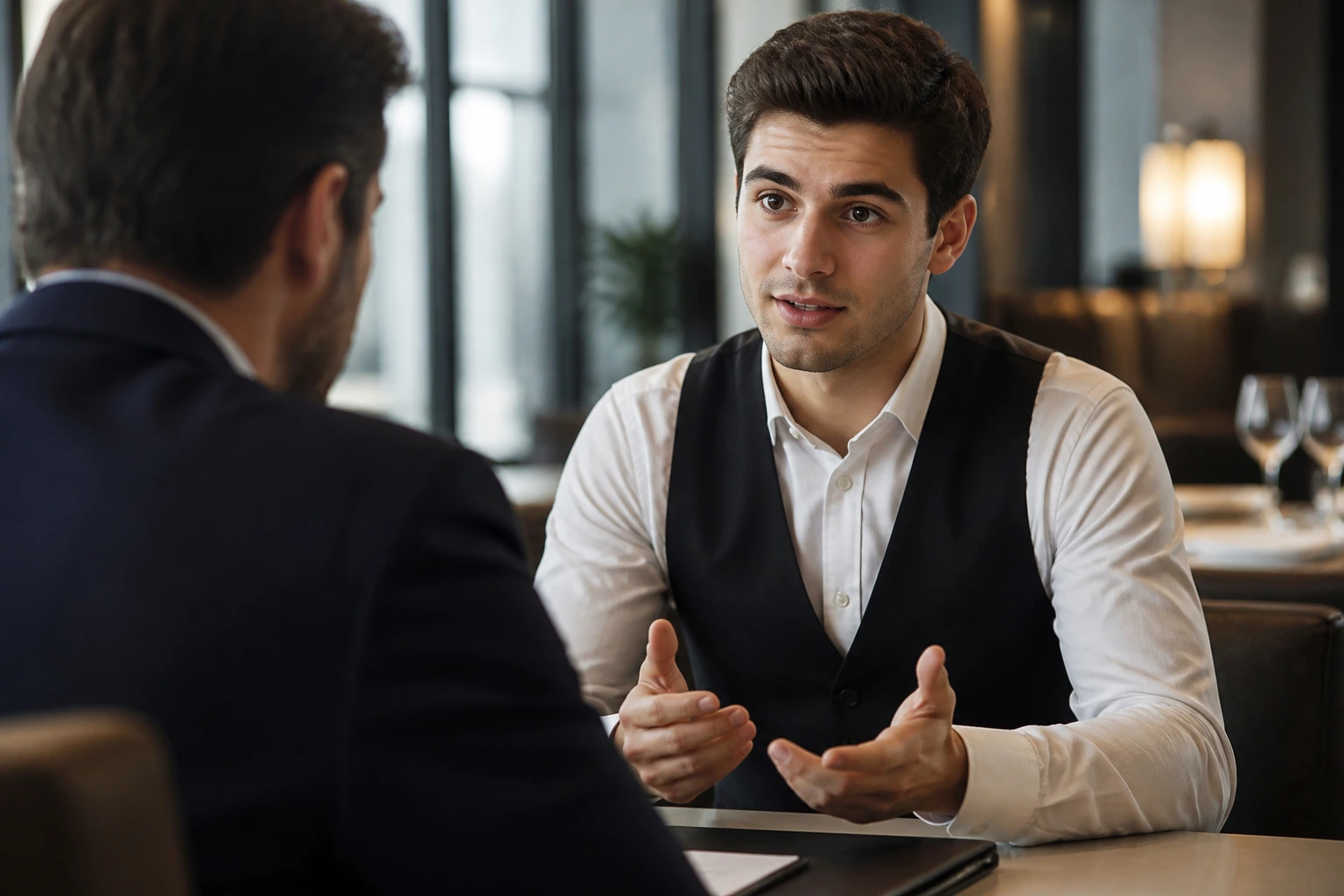 Candidate in an interview, focused on answering questions in a contemporary office.