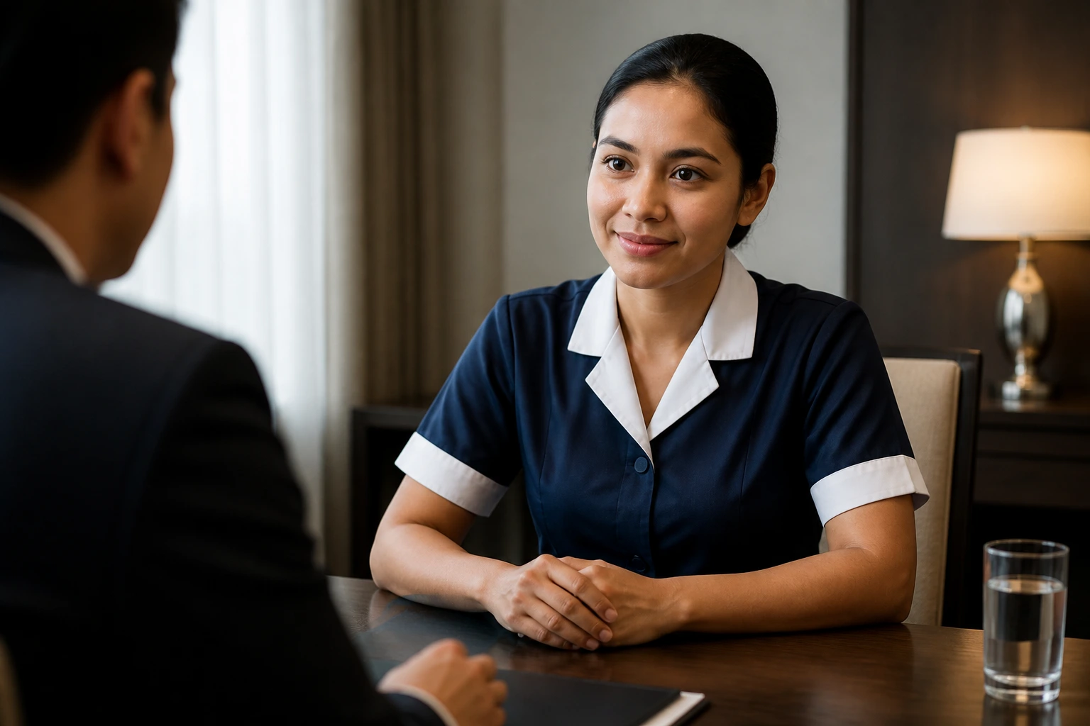 Medium close-up of a person during an interview scene, camera-focused