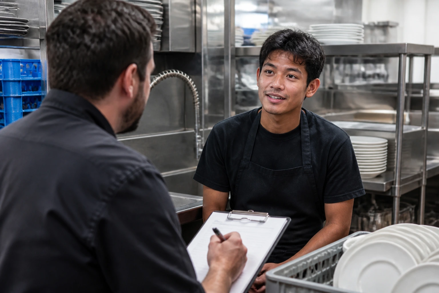 Two people in a kitchen during a dishwasher interview