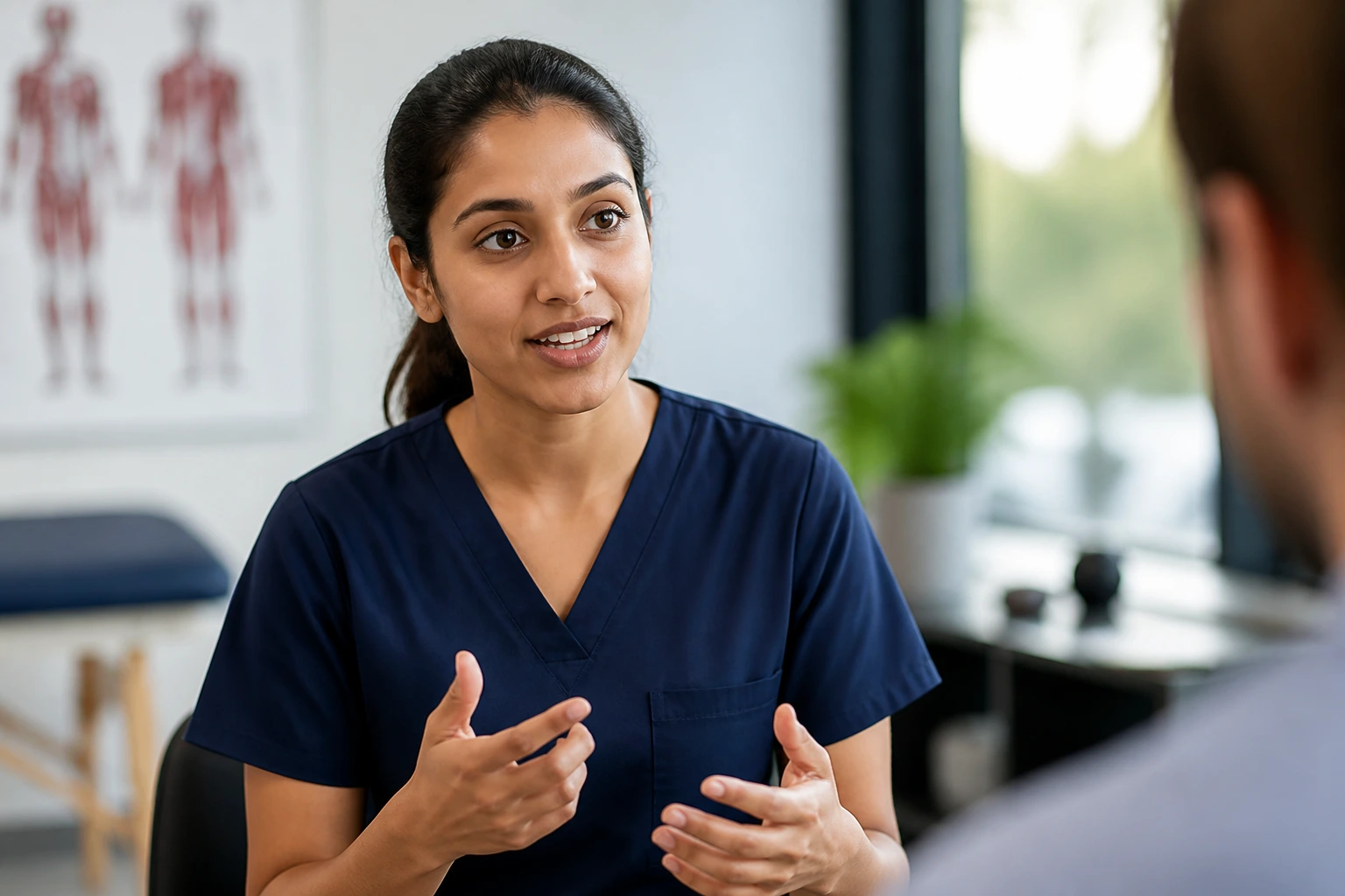 Confident candidate in an interview, presenting value and solutions