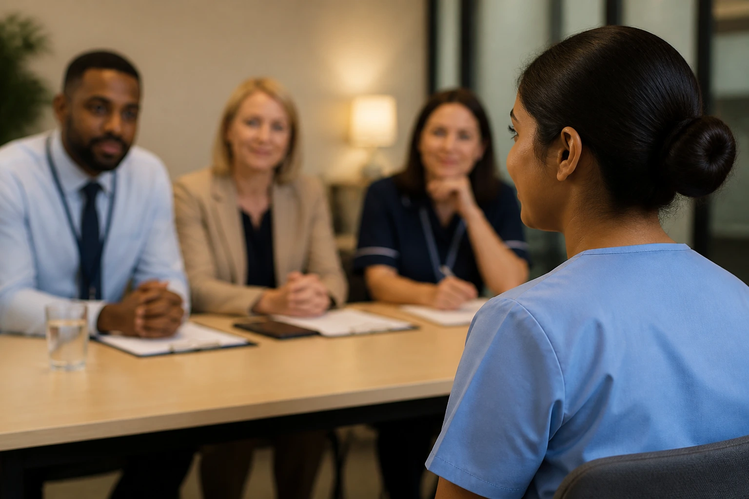 Portrait of an NHS applicant in an interview room with a panel blurred in the background