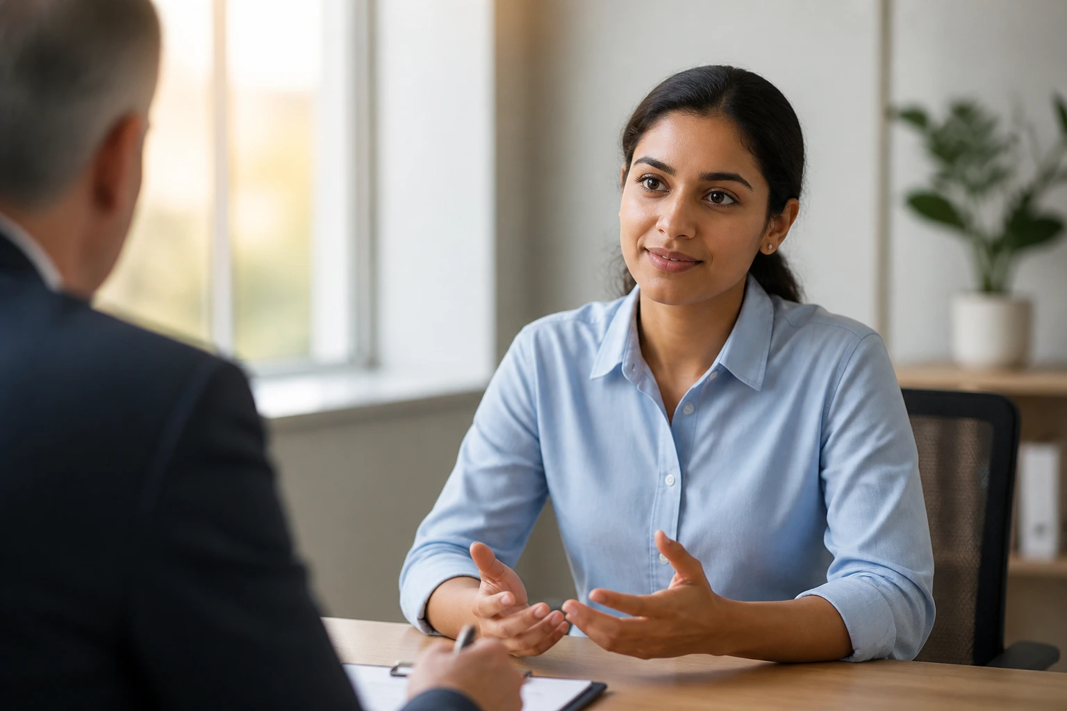 Real person in interview setting delivering calm, concise responses