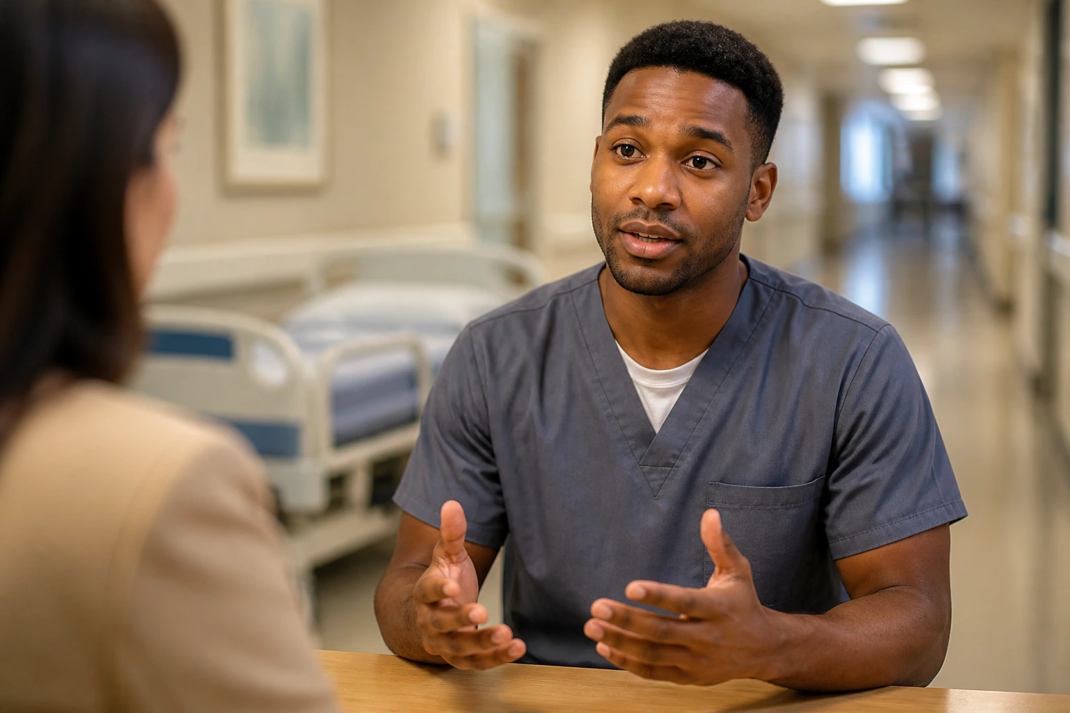 Calm job applicant speaking in an interview space near a hospital corridor.