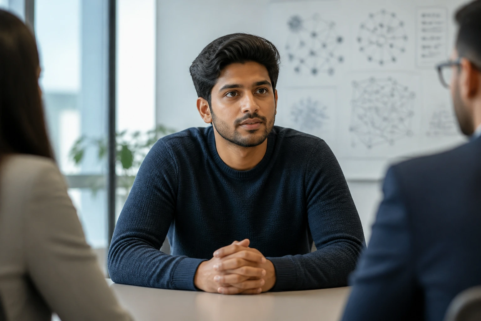 Close-up portrait of a candidate in a conference room during interview prep, showing thoughtful, collaborative attitude