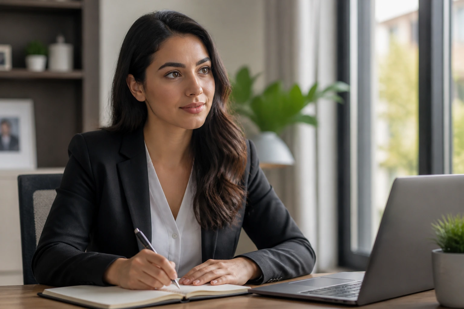 Close-up portrait of a professional preparing for an insurance interview in a bright home office