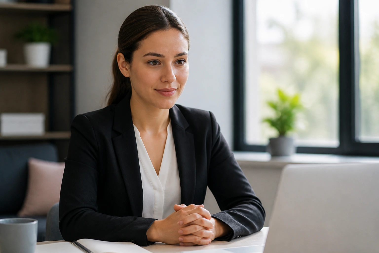 Close-up portrait of a candidate preparing for an interview in a professional setting.