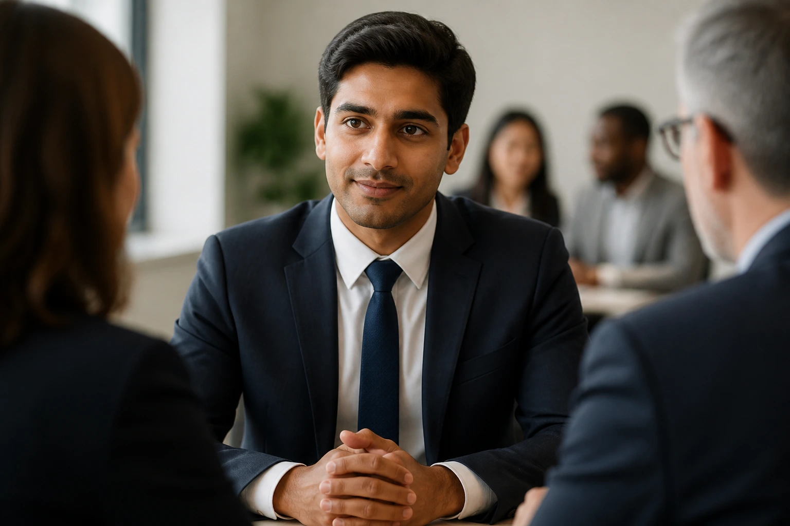 Professional in interview setting conveying cultural fit and confidence