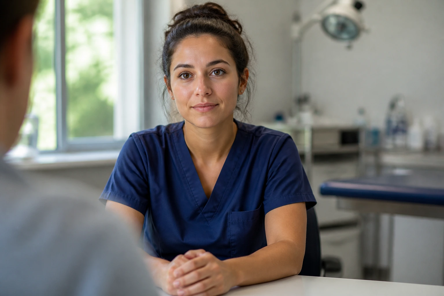 Close-up portrait of a veterinary assistant candidate in a interview setting