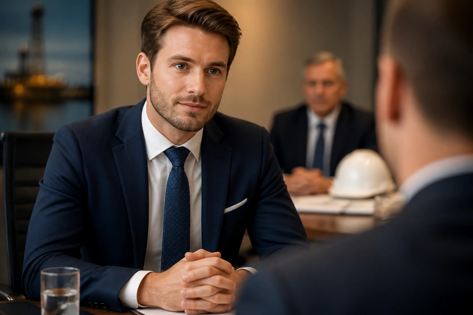 Portrait of a candidate in a professional interview setting, focused on interview process.