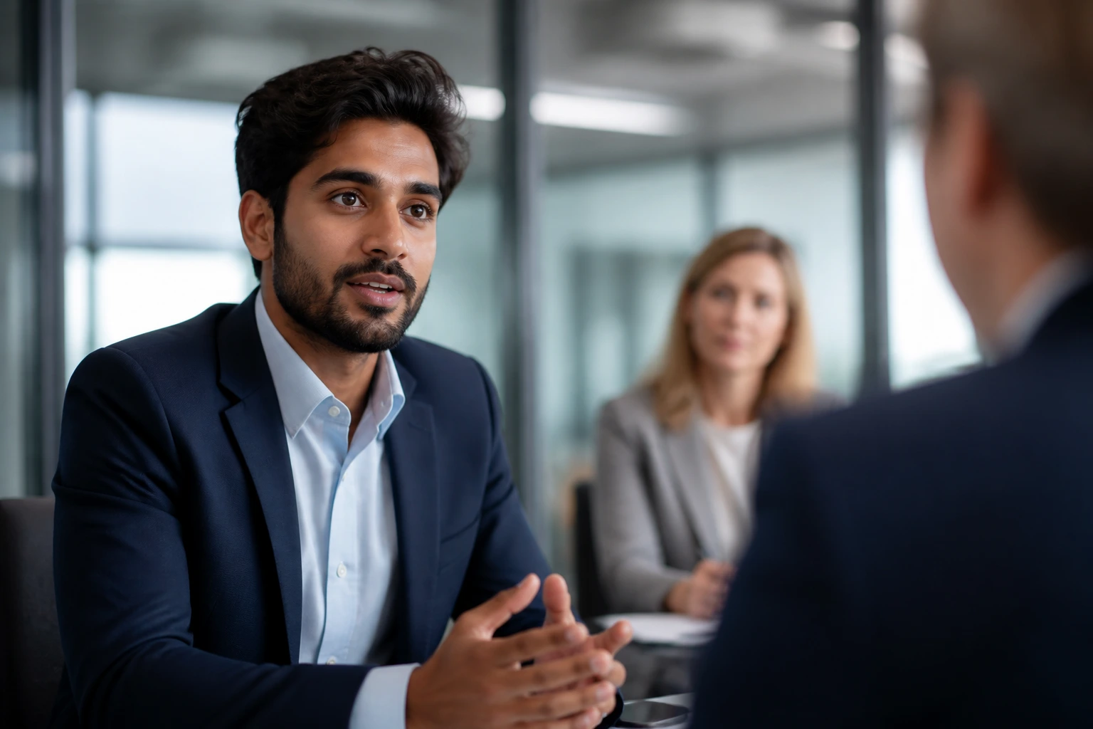 Candidate in an interview room showing engagement and expectation