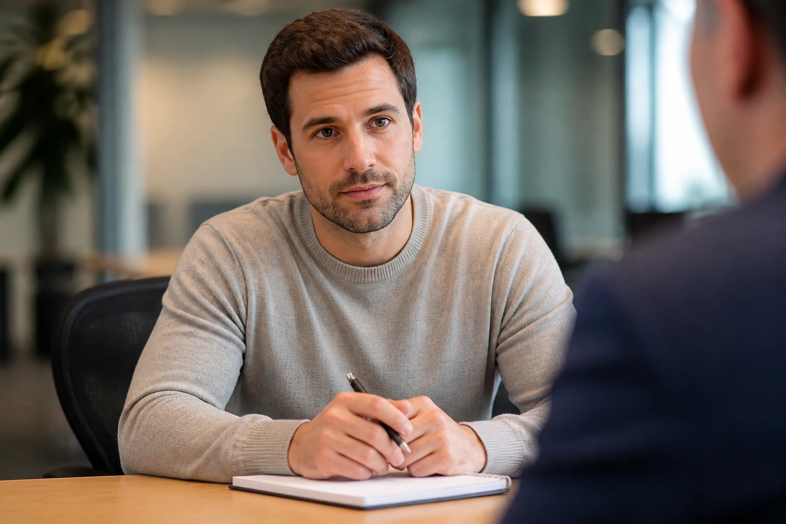 Calm candidate in interview room preparing for UK recruitment rounds.