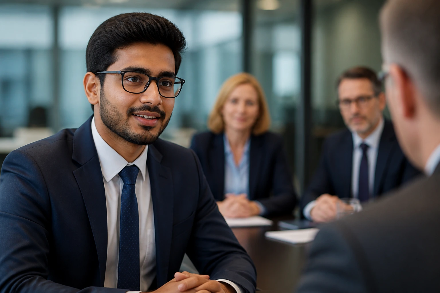 Close-up portrait of a candidate during an interview in a modern office