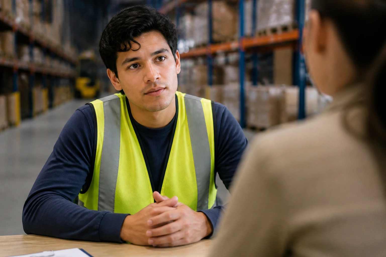 Close-up portrait of a candidate in a warehouse interview setting