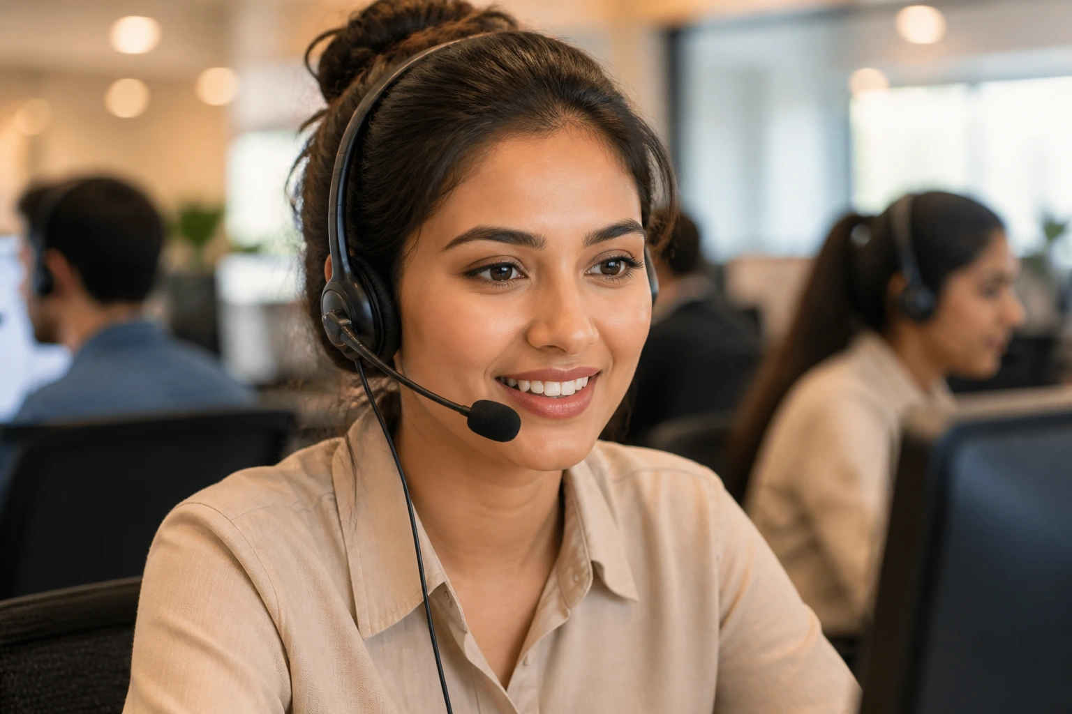 Portrait of a real call centre agent wearing a headset in a bright office.