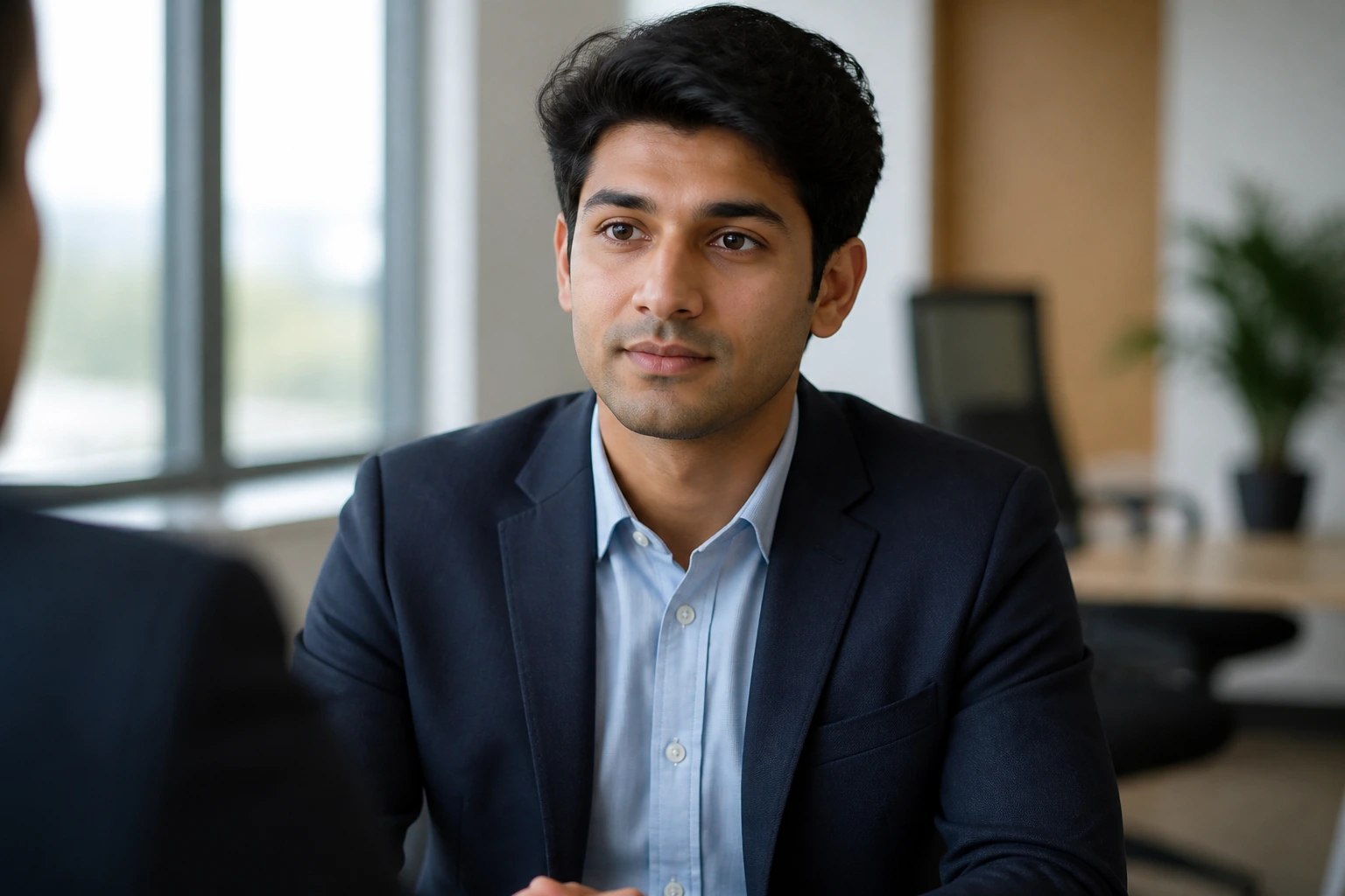 Portrait of a candidate in an office reflecting common interview questions